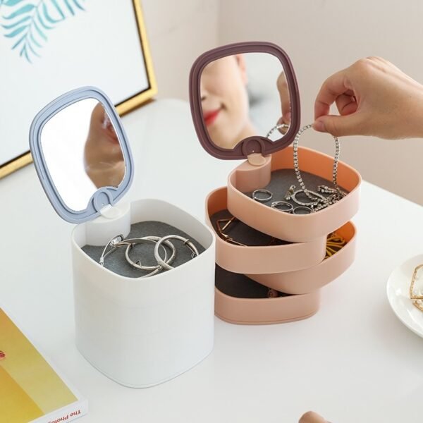 Compact Rotating Jewelry Organizer with Built-In Mirror – Portable Storage Box for Accessories