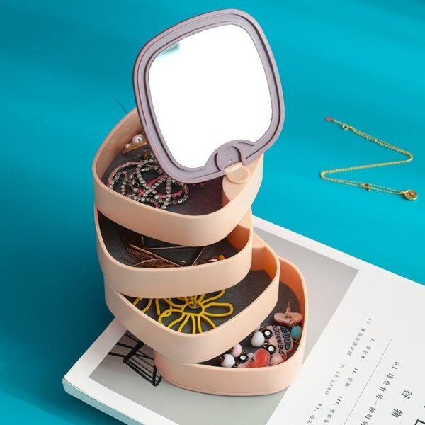 Compact Rotating Jewelry Organizer with Built-In Mirror – Portable Storage Box for Accessories