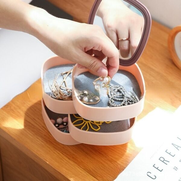 Compact Rotating Jewelry Organizer with Built-In Mirror – Portable Storage Box for Accessories