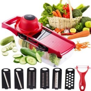 10-in-1 Mandolin Slicer & Grater with Peeler – Stainless Steel Blades, Red.