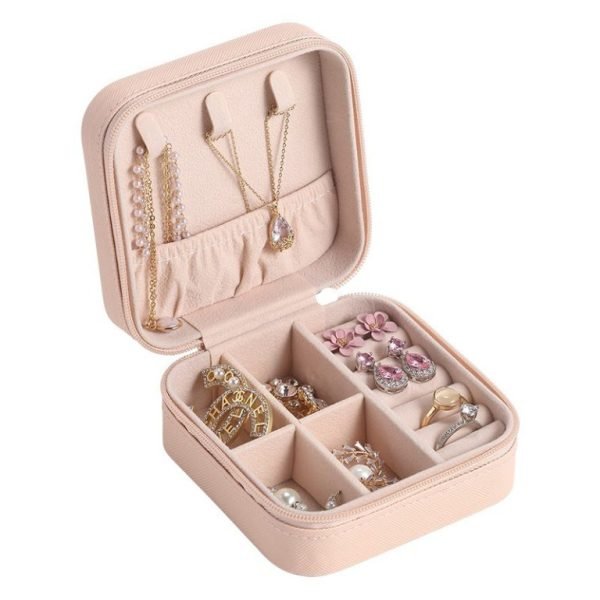 Compact Travel Leather Jewelry Box – Zippered Organizer for Rings, Earrings, Necklaces & Accessories (Random Color)