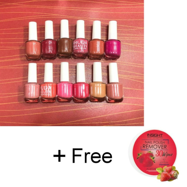 Huda Beauty Nude Nail Polish Set (6 Pcs) with 2 Free Removers – Smooth & Long-Lasting.