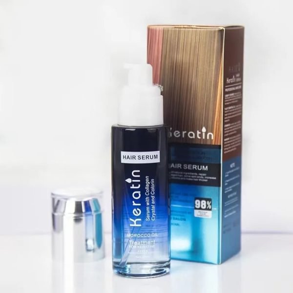 Keratin Hair Serum 80ml – Smooths, nourishes, and restores shine to damaged hair.