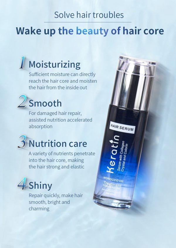 Keratin Hair Serum 80ml – Smooths, nourishes, and restores shine to damaged hair.
