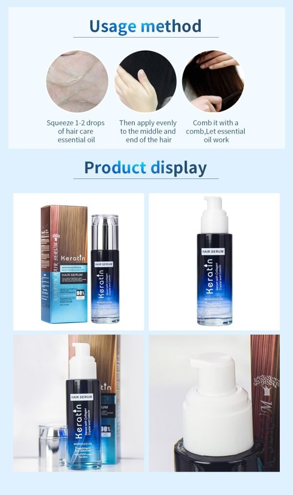 Keratin Hair Serum 80ml – Smooths, nourishes, and restores shine to damaged hair.