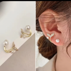 Korean Golden Fishtail Stud Earrings for Women – Trendy Simulated Pearl & Butterfly Piercing Jewelry