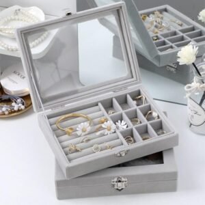 Mistico Velvet Jewelry Display Box with Glass Lid – Ring, Earring, Bracelet Organizer & Storage Tray Case