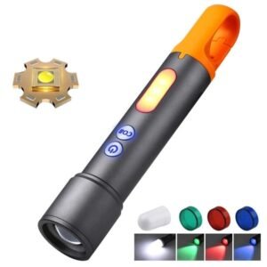 Rechargeable high-lumen tactical flashlight with COB sidelight and zoom, ideal for camping and emergencies.