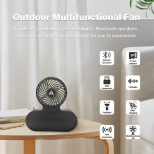 Solar Bluetooth Speaker Fan – Portable with Flashlight, FM, TWS, TF & USB Support.