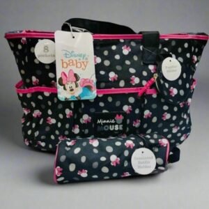 Chic Disney Minnie Mouse Diaper Bag Set with Matching Changing Pad and Bottle Holder.