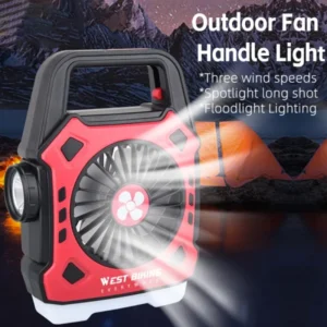 3-in-1 Camping Light, Fan & Power Bank – Rechargeable, Portable, Random Color.
